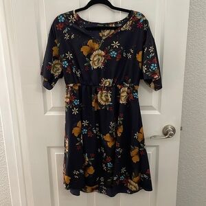 Shein Curve Dark Navy Floral V-neck Short Sleeve Dress